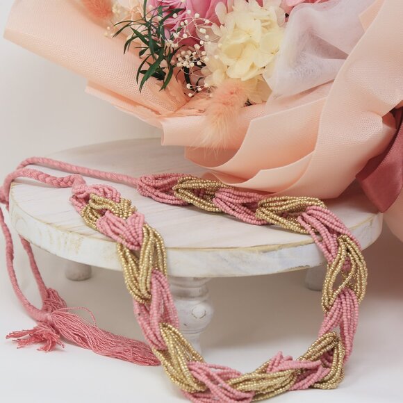 Coral & Beige ✦ Braided Beaded Necklace ✦ 19" Handcrafted Artisan Boho Jewelry - Picture 6 of 14